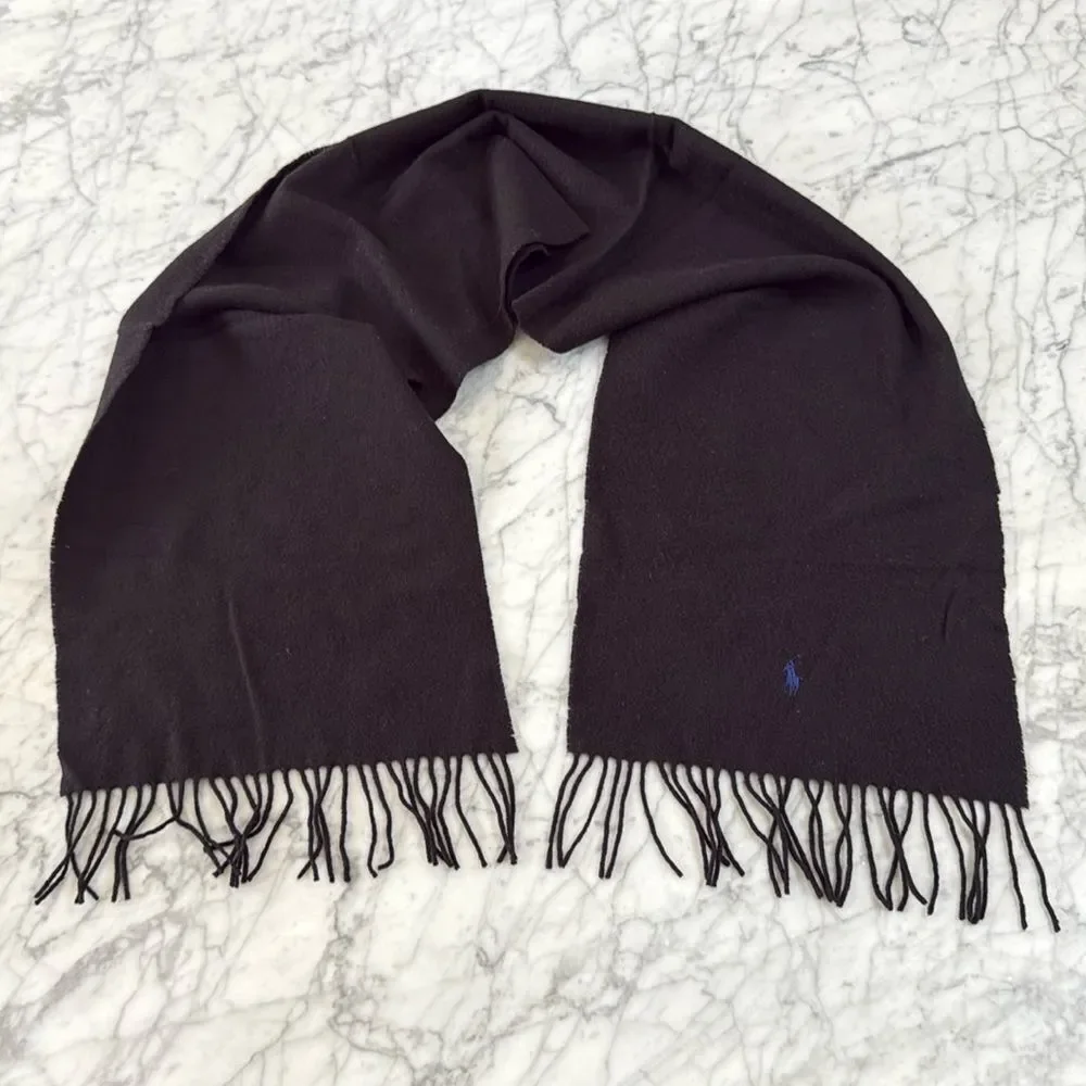Polo Ralph Lauren 100% Lambs Wool Scarf Black Blue Embroidered